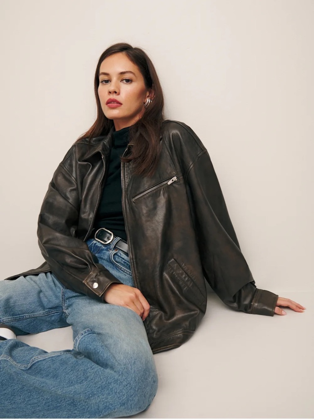 Reformation Veda Marco Leather Oversized Bomber Pit Stop Brown Jacket - Picture 2 of 16